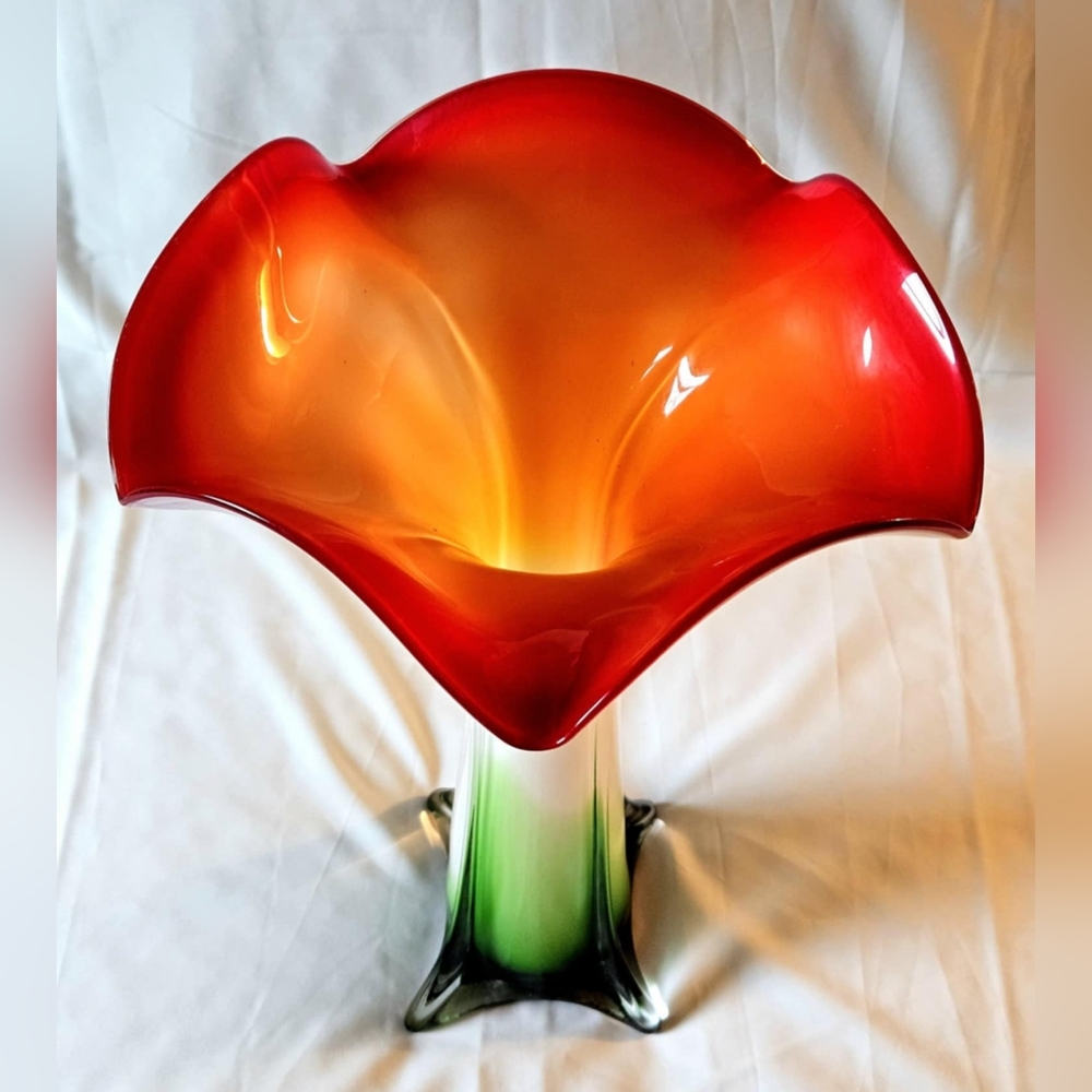 Large Murano Jack-In-Pulpit Glass Vase 1960's Red White Green Fluted Lily Flower
